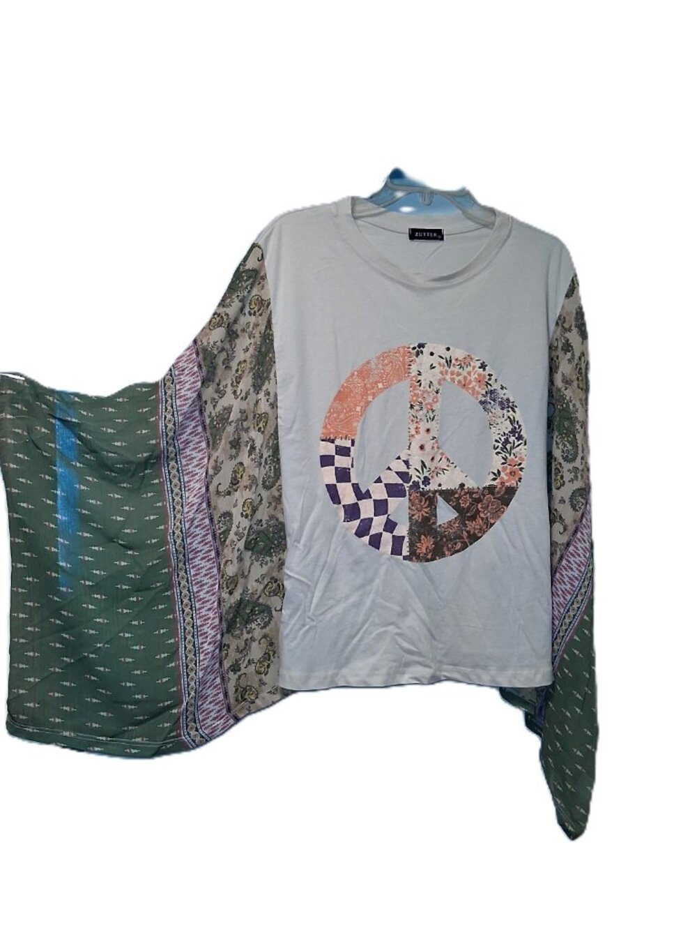 Zutter Patchwork Peace Sign Graphic Tee Flowy Sleeves sz M, NWOT /B21